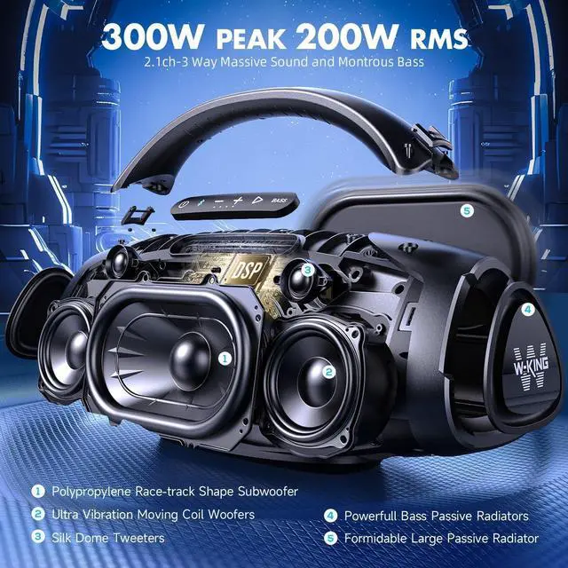 Alt view image 2 of 7 - W-KING 300W Peak 200W RMS Portable Bluetooth Speakers, Massive Bass Party Boombox IPX7 Waterproof Bluetooth Speaker Large, Loud Outdoor Wireless Speaker/V5.3/EQ APP/Fast Charge/Stereo Pair/Guitar in