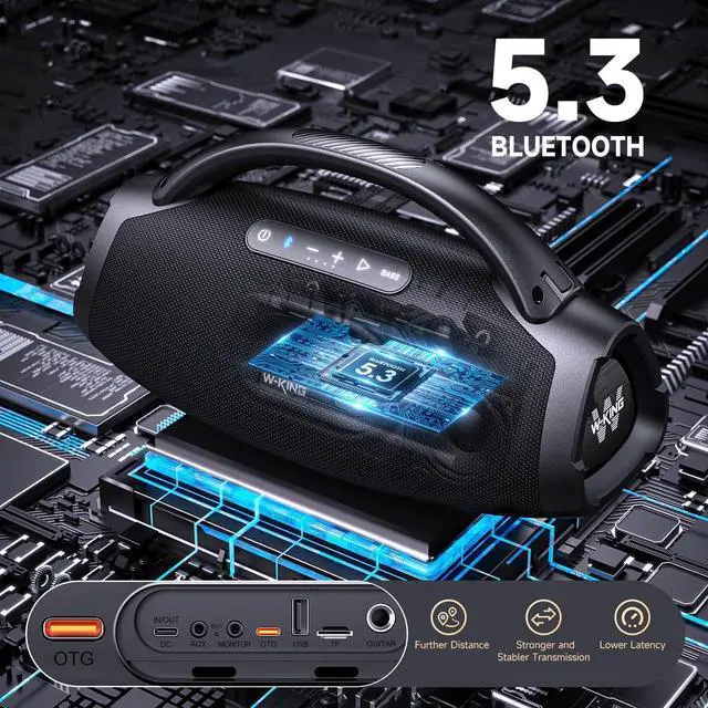Alt view image 6 of 7 - W-KING 300W Peak 200W RMS Portable Bluetooth Speakers, Massive Bass Party Boombox IPX7 Waterproof Bluetooth Speaker Large, Loud Outdoor Wireless Speaker/V5.3/EQ APP/Fast Charge/Stereo Pair/Guitar in