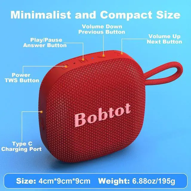 Alt view image 3 of 7 - Bobtot Bluetooth Speaker Portable Wireless Speakers - 16 Hours Playtime Waterproof Speaker, Loud Stereo Sound, Mini Speaker with TWS, Built-in Mic, Strap to Carry for Home Travel Sport, Red