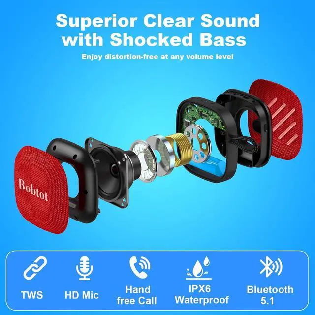 Alt view image 4 of 7 - Bobtot Bluetooth Speaker Portable Wireless Speakers - 16 Hours Playtime Waterproof Speaker, Loud Stereo Sound, Mini Speaker with TWS, Built-in Mic, Strap to Carry for Home Travel Sport, Red
