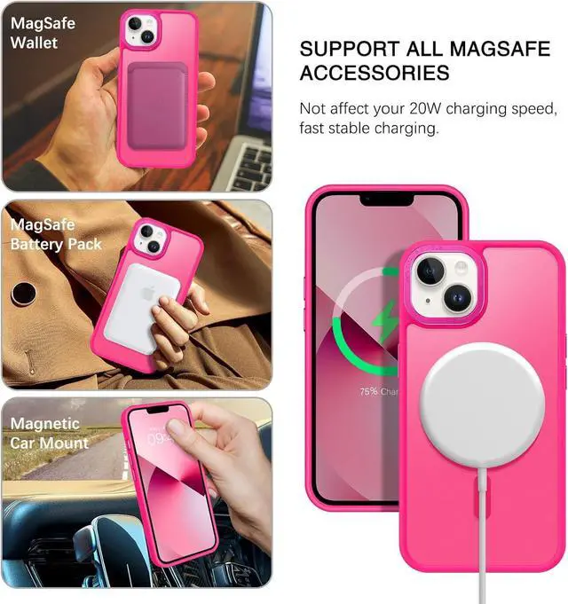 Alt view image 2 of 7 - Magnetic for iPhone 13 Case & iPhone 14 Case [Compatible with Magsafe] Translucent Matte Phone Case iPhone 13/14 Slim Shockproof Women Men Protective Cover for iPhone 13/14 6.1 Hot Pink