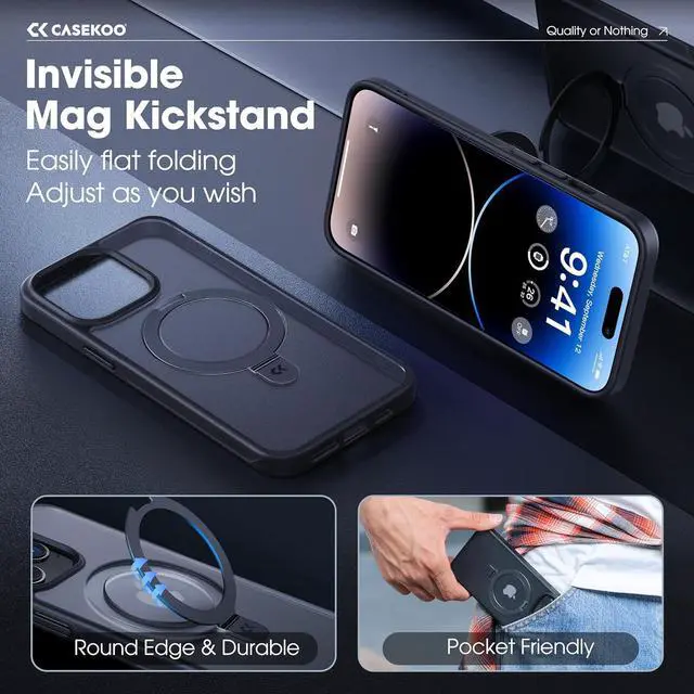 Alt view image 3 of 7 - CASEKOO Designed for iPhone 14 Pro Case with Magnetic Invisible Stand [Military Drop Protection] [Compatible with MagSafe] Shockproof Slim Translucent Matte Cases 6.1 Inch 2022, Black