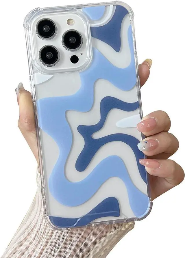 Main image of Compatible with iPhone 14 / iPhone 13 Phone Case, Cute Art Wavy Painted for Women Girls, Soft TPU Edge PC Back Protective Shockproof Phone Case-Blue (iPhone 14 / iPhone 13)
