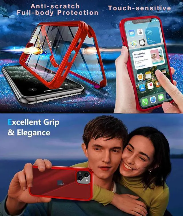 Alt view image 6 of 7 - UBUNU for iPhone 13 Case with Screen Protector Built in Tempered Glass 2024 Upgraded Dual Layer Full Body Protective Clear Phone Case for iPhone 13 6.1 inch, Red