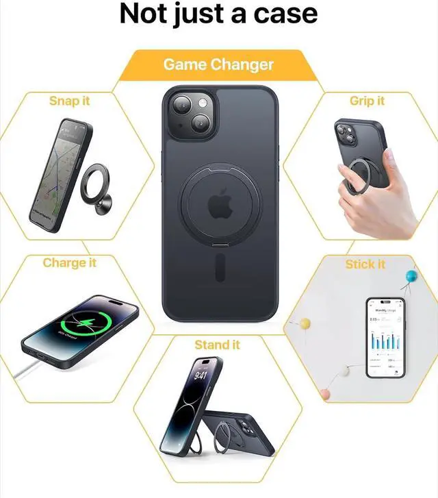 Alt view image 3 of 7 - andobil for iPhone 15 Case [360° Ring Stand] [Compatible with Magsafe] Military Drop Protection Slim Magnetic iPhone 15 Phone Case for Men Women- Easy-Relax Series- Matte Black