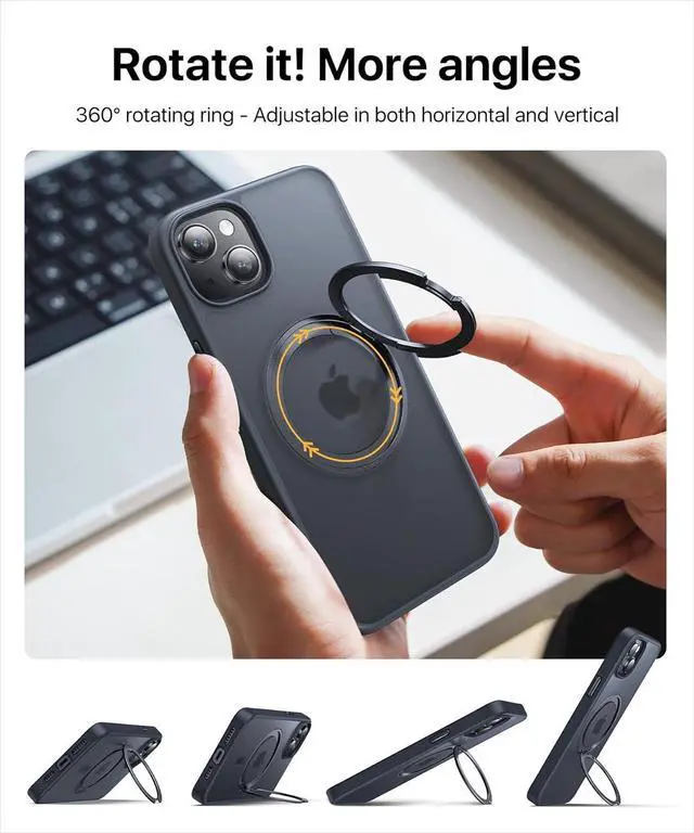 Alt view image 4 of 7 - andobil for iPhone 15 Case [360° Ring Stand] [Compatible with Magsafe] Military Drop Protection Slim Magnetic iPhone 15 Phone Case for Men Women- Easy-Relax Series- Matte Black