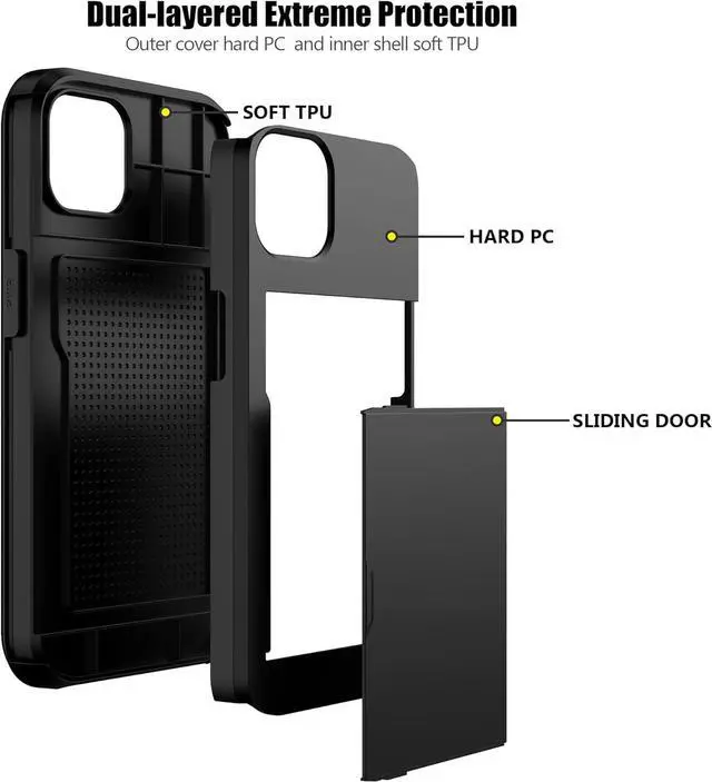 Alt view image 3 of 7 - for iPhone 14 Case with Card Holder Heavy Duty Protective Dual Layer Shockproof Hidden Card Slot Slim Wallet Case for iPhone 14 for Women&Men(Black)