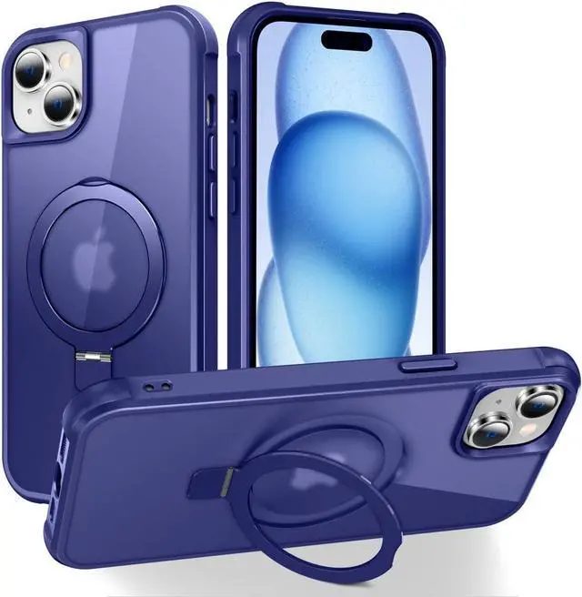 Main image of Magnetic Compatible with iPhone 15 Case with Stand [Military Grade Drop Tested][Compatible with Magnet] Ring Translucent Slim Hard Back Soft Edge, Blue