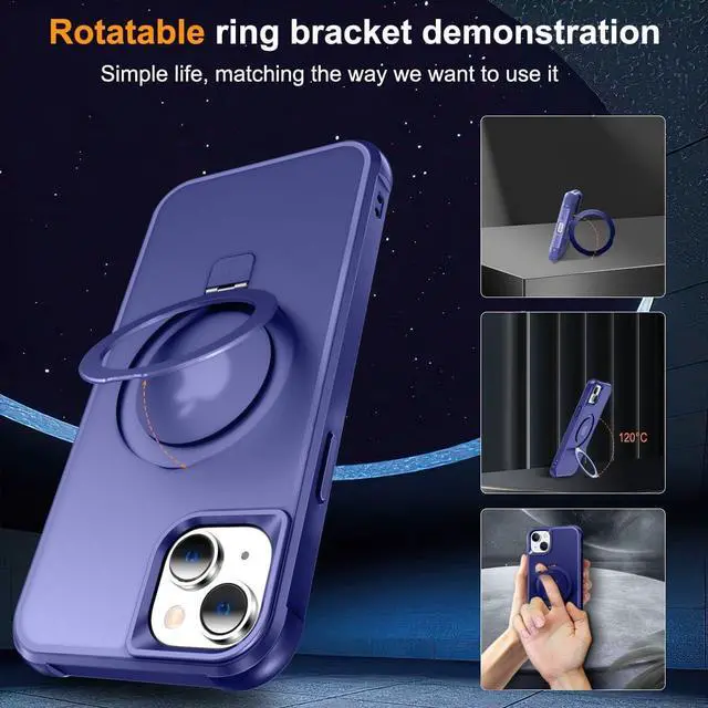 Alt view image 5 of 7 - Magnetic Compatible with iPhone 15 Case with Stand [Military Grade Drop Tested][Compatible with Magnet] Ring Translucent Slim Hard Back Soft Edge, Blue