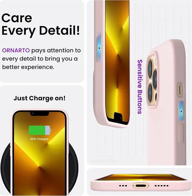 Alt view image 5 of 6 - Compatible with iPhone 13 Pro Case 6.1, Slim Liquid Silicone 3 Layers Full Covered Soft Gel Rubber Case Cover 6.1 inch-Chalk Pink