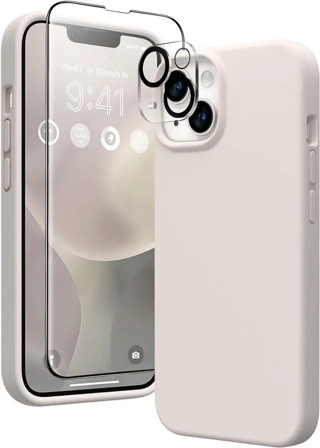 Main image of GONEZ for iPhone 14 Case Silicone, with 2X Screen Protector + 2X Camera Lens Protector, [Soft Anti-Scratch Microfiber Lining], Liquid Silicone Shockproof Protective Phone Cover 6.1", Stone