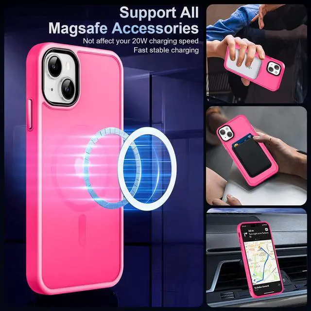 Alt view image 2 of 7 - MOCCA Strong Magnetic for iPhone 13 Case, [Compatible with Magsafe][Screen Protector+Camera Lens Protector] Translucent Matte Back Slim Shockproof Case for iPhone 13 Phone Case 6.1", Hot Pink