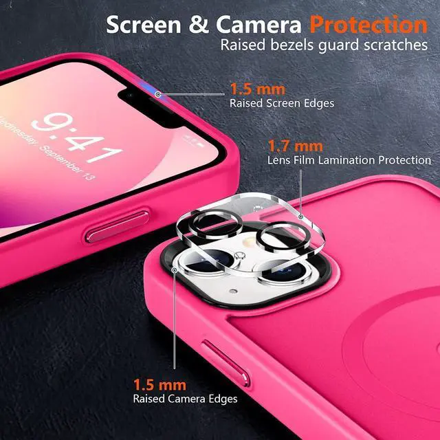 Alt view image 5 of 7 - MOCCA Strong Magnetic for iPhone 13 Case, [Compatible with Magsafe][Screen Protector+Camera Lens Protector] Translucent Matte Back Slim Shockproof Case for iPhone 13 Phone Case 6.1", Hot Pink