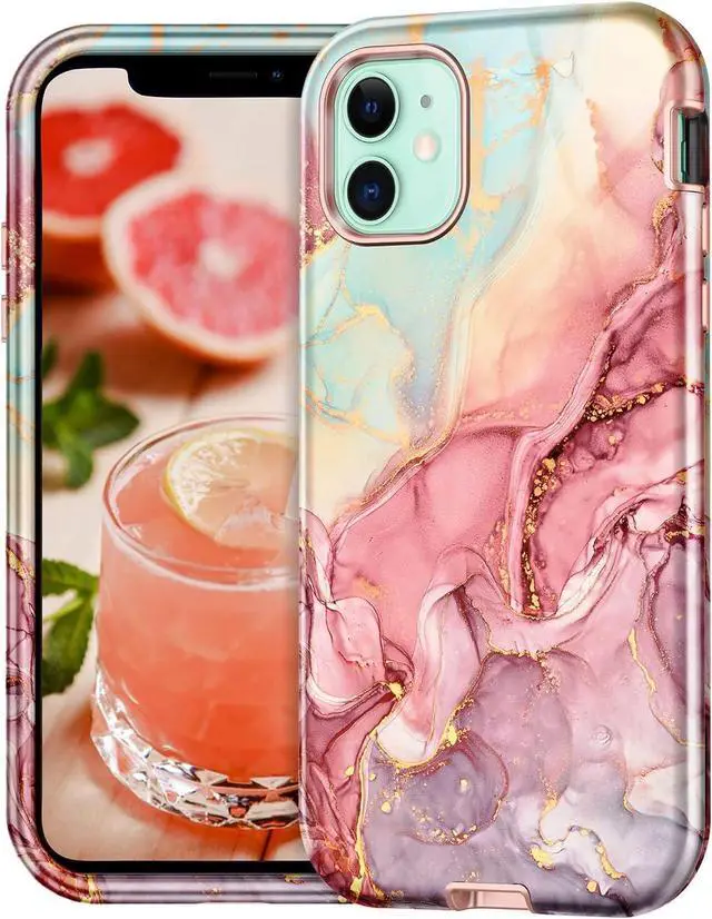 Alt view image 2 of 7 - CASEFIV Compatible with iPhone 11 Case,Marble Pattern 3 in 1 Heavy Duty Shockproof Full Body Rugged Hard PC+Soft Silicone Drop Protective Women Girls Cover for iPhone 11 6.1 inch, Rose Gold