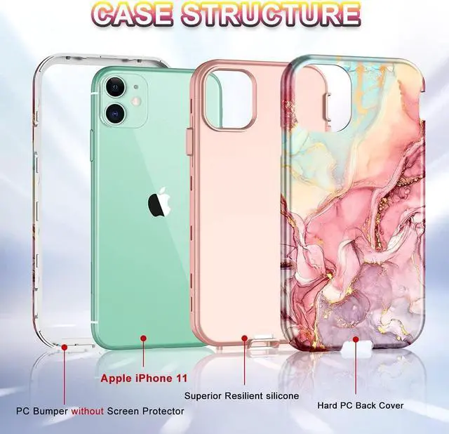 Alt view image 3 of 7 - CASEFIV Compatible with iPhone 11 Case,Marble Pattern 3 in 1 Heavy Duty Shockproof Full Body Rugged Hard PC+Soft Silicone Drop Protective Women Girls Cover for iPhone 11 6.1 inch, Rose Gold