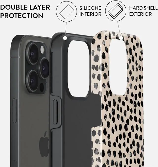 Alt view image 2 of 7 - BURGA Phone Case Compatible with iPhone 15 PRO - Hybrid 2-Layer Hard Shell + Silicone Protective Case -Black Polka Dots Pattern Nude Almond Latte - Scratch-Resistant Shockproof Cover