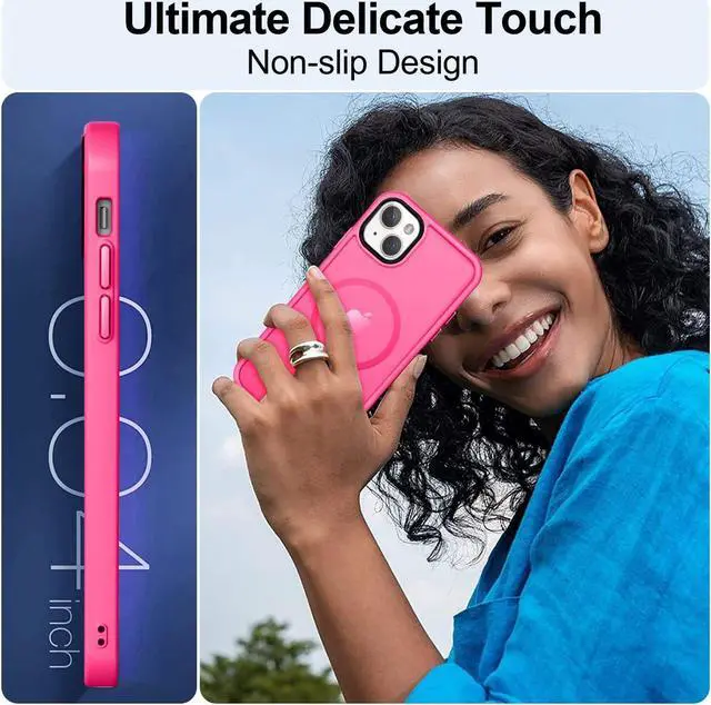 Alt view image 6 of 7 - MOCCA Strong Magnetic for iPhone 13 Case, [Compatible with Magsafe][Screen Protector+Camera Lens Protector] Translucent Matte Back Slim Shockproof Case for iPhone 13 Phone Case 6.1", Hot Pink