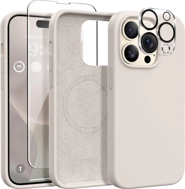 Main image of GONEZ for iPhone 14 Pro Case, Compatible with Magsafe, with 2X Screen Protector + 2X Camera Lens Protector, Soft Anti-Scratch Microfiber Lining, Shockproof Liquid Silicone Phone Cover, Stone