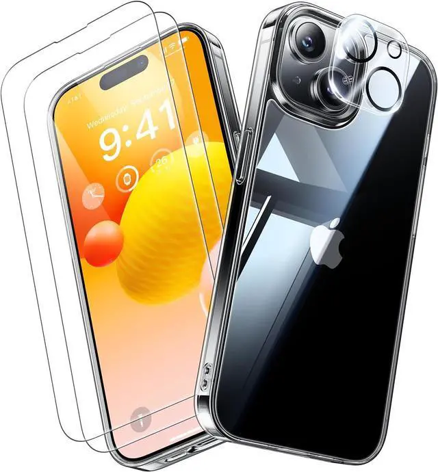 Main image of Diamond Clear for iPhone 15 Case with 2X Screen Protector + 2X Camera Lens Protector, [Not Yellowing][Military-grade Protection] Slim Thin Shockproof Phone Case for iPhone 15, Clear