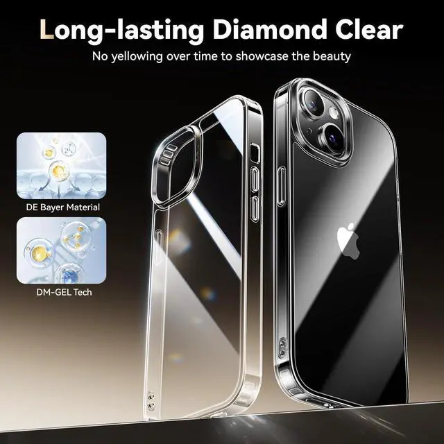 Alt view image 2 of 5 - Diamond Clear for iPhone 15 Case with 2X Screen Protector + 2X Camera Lens Protector, [Not Yellowing][Military-grade Protection] Slim Thin Shockproof Phone Case for iPhone 15, Clear