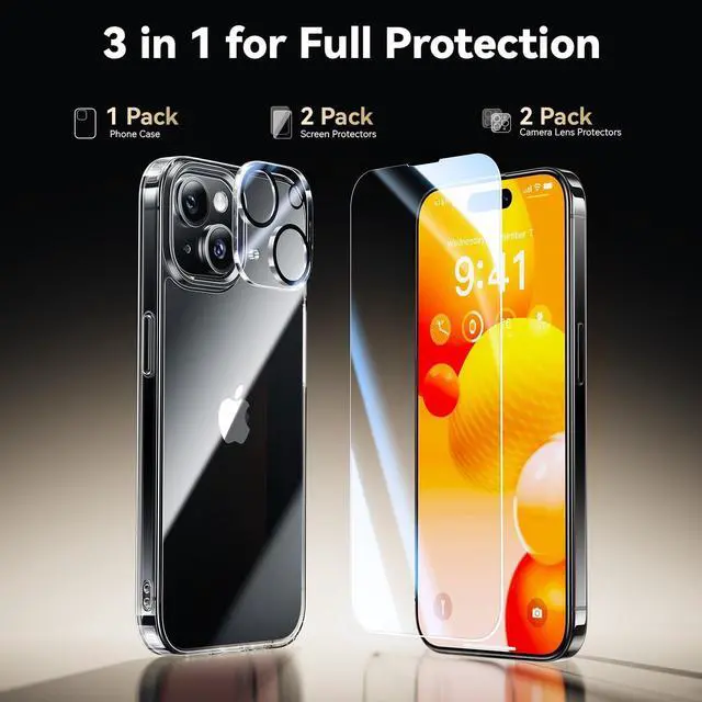 Alt view image 4 of 5 - Diamond Clear for iPhone 15 Case with 2X Screen Protector + 2X Camera Lens Protector, [Not Yellowing][Military-grade Protection] Slim Thin Shockproof Phone Case for iPhone 15, Clear