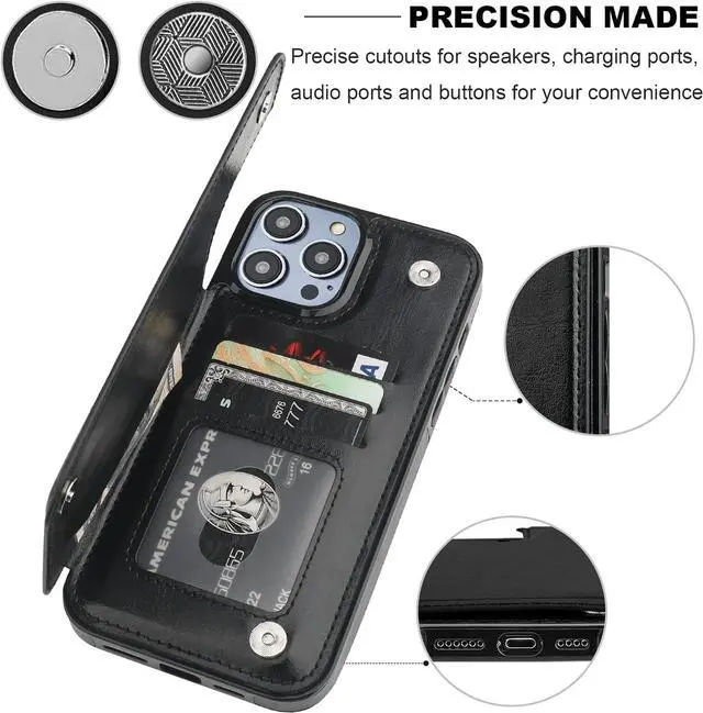 Alt view image 7 of 7 - Compatible with iPhone 14 Pro Max Wallet Case with Card Holder, PU Leather Kickstand Card Slots Case, Double Magnetic Clasp and Durable Shockproof Cover 6.7 Inch (Black)