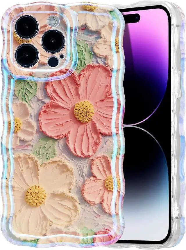 Alt view image 2 of 7 - UEEBAI Flower Case for iPhone 14 Pro Max Case, Colorful Retro Oil Painting Girly Phone Cover Pretty Glossy Pattern Wave Cover Cute Sparkly Floral Curly Shell for Women and Girl, Orange Yellow