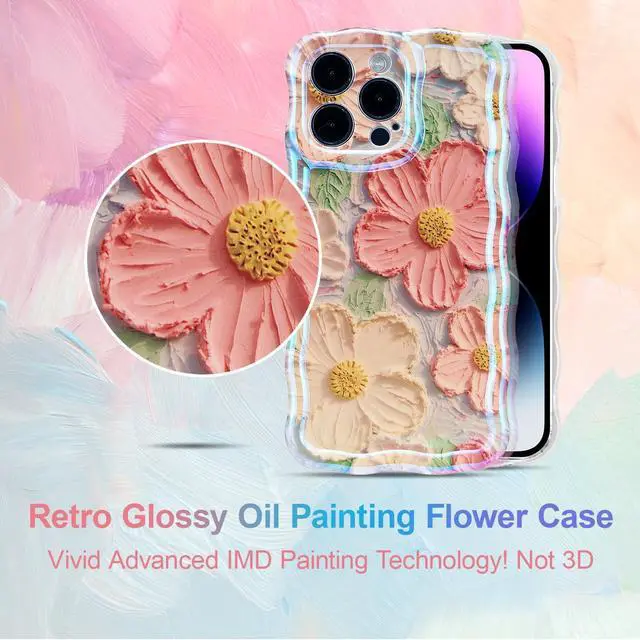 Alt view image 3 of 7 - UEEBAI Flower Case for iPhone 14 Pro Max Case, Colorful Retro Oil Painting Girly Phone Cover Pretty Glossy Pattern Wave Cover Cute Sparkly Floral Curly Shell for Women and Girl, Orange Yellow