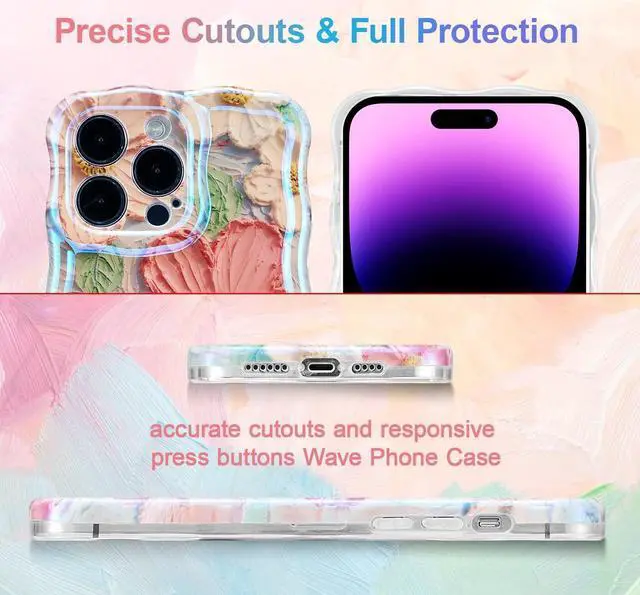 Alt view image 4 of 7 - UEEBAI Flower Case for iPhone 14 Pro Max Case, Colorful Retro Oil Painting Girly Phone Cover Pretty Glossy Pattern Wave Cover Cute Sparkly Floral Curly Shell for Women and Girl, Orange Yellow