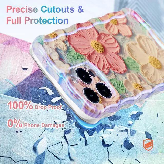 Alt view image 5 of 7 - UEEBAI Flower Case for iPhone 14 Pro Max Case, Colorful Retro Oil Painting Girly Phone Cover Pretty Glossy Pattern Wave Cover Cute Sparkly Floral Curly Shell for Women and Girl, Orange Yellow