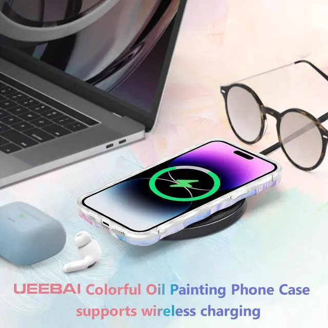 Alt view image 7 of 7 - UEEBAI Flower Case for iPhone 14 Pro Max Case, Colorful Retro Oil Painting Girly Phone Cover Pretty Glossy Pattern Wave Cover Cute Sparkly Floral Curly Shell for Women and Girl, Orange Yellow