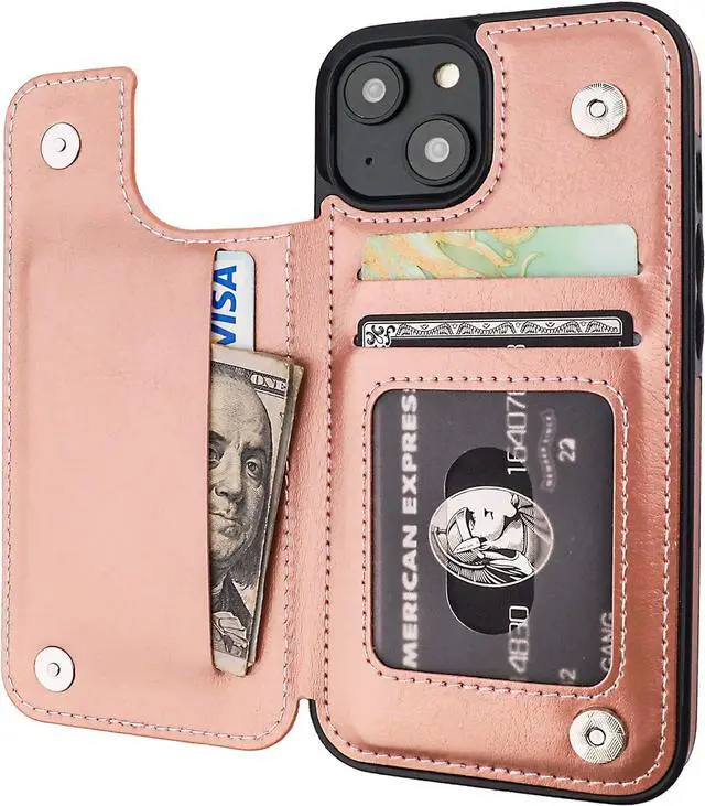 Main image of ONETOP Compatible with iPhone 14 Wallet Case with Card Holder, PU Leather Kickstand Card Slots Case, Double Magnetic Clasp and Durable Shockproof Cover 6.1 Inch (Rose Gold)