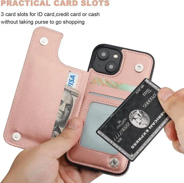 Alt view image 4 of 7 - ONETOP Compatible with iPhone 14 Wallet Case with Card Holder, PU Leather Kickstand Card Slots Case, Double Magnetic Clasp and Durable Shockproof Cover 6.1 Inch (Rose Gold)