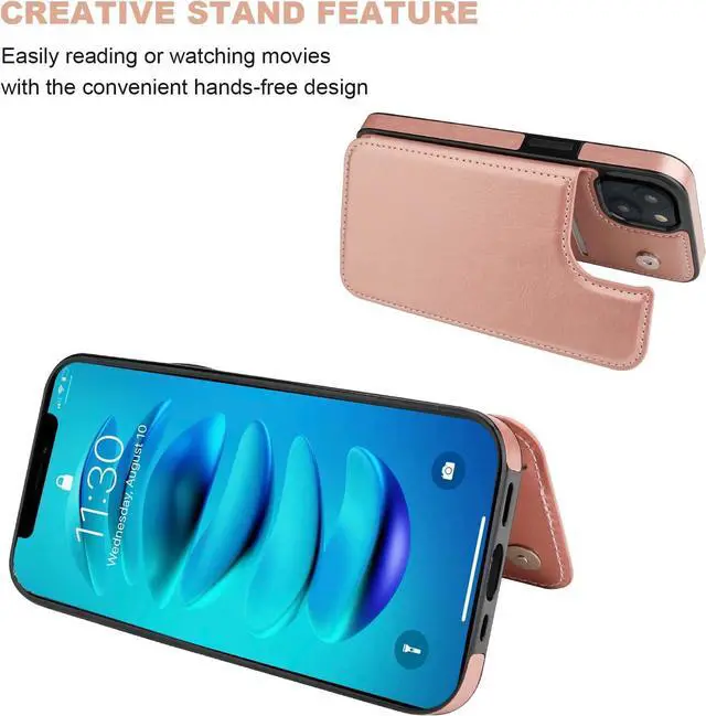 Alt view image 5 of 7 - ONETOP Compatible with iPhone 14 Wallet Case with Card Holder, PU Leather Kickstand Card Slots Case, Double Magnetic Clasp and Durable Shockproof Cover 6.1 Inch (Rose Gold)