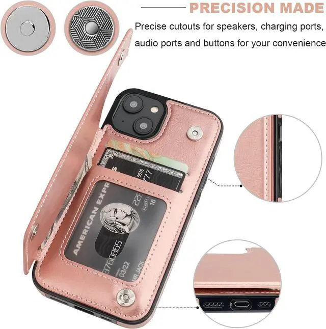 Alt view image 7 of 7 - ONETOP Compatible with iPhone 14 Wallet Case with Card Holder, PU Leather Kickstand Card Slots Case, Double Magnetic Clasp and Durable Shockproof Cover 6.1 Inch (Rose Gold)