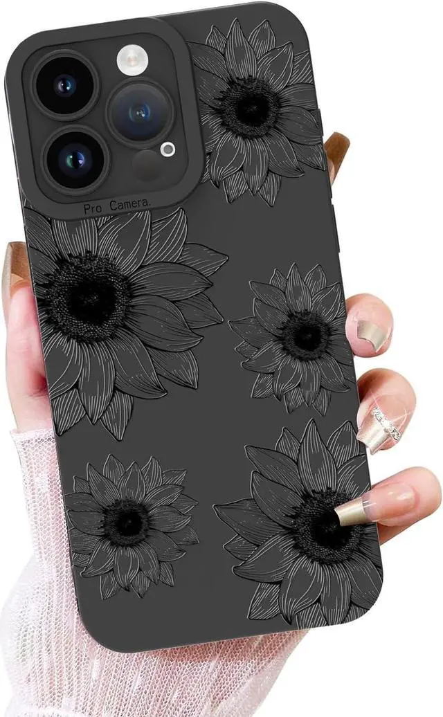 Main image of OOK Floral case for iPhone 15 Pro Max Case, Cute Sunflower Floral Blooms Design Soft TPU Shockproof Protective for Women girls Phone Cover - Black Flower