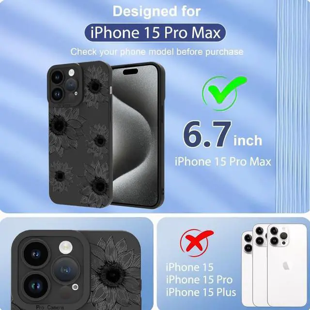 Alt view image 2 of 7 - OOK Floral case for iPhone 15 Pro Max Case, Cute Sunflower Floral Blooms Design Soft TPU Shockproof Protective for Women girls Phone Cover - Black Flower