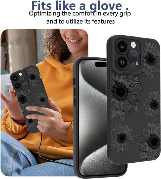 Alt view image 7 of 7 - OOK Floral case for iPhone 15 Pro Max Case, Cute Sunflower Floral Blooms Design Soft TPU Shockproof Protective for Women girls Phone Cover - Black Flower