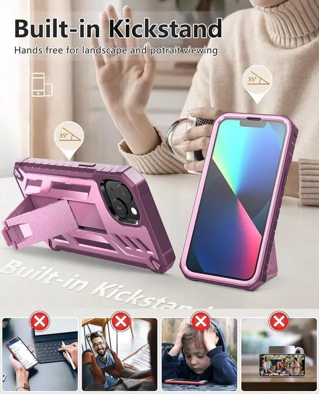 Alt view image 2 of 7 - for iPhone 13 Case Protective Cover: iPhone 14 case Heavy Duty Military Grade Hard Protection Shock Proof Grip | Durable Dual-layer Design iPhone 13-14 Phone Case with Built-in Kickstand(Pink Rose)