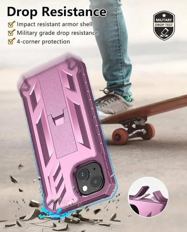 Alt view image 4 of 7 - for iPhone 13 Case Protective Cover: iPhone 14 case Heavy Duty Military Grade Hard Protection Shock Proof Grip | Durable Dual-layer Design iPhone 13-14 Phone Case with Built-in Kickstand(Pink Rose)