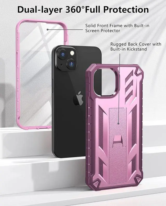 Alt view image 5 of 7 - for iPhone 13 Case Protective Cover: iPhone 14 case Heavy Duty Military Grade Hard Protection Shock Proof Grip | Durable Dual-layer Design iPhone 13-14 Phone Case with Built-in Kickstand(Pink Rose)