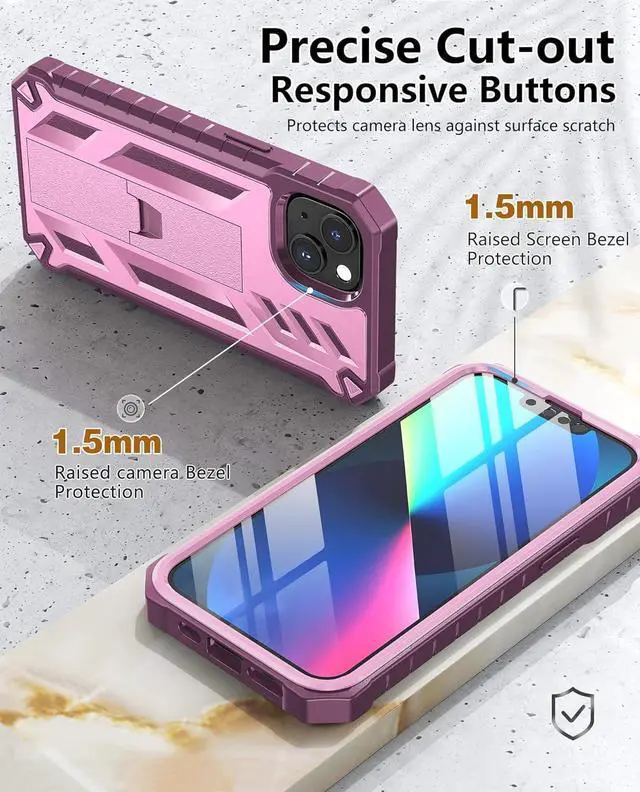 Alt view image 6 of 7 - for iPhone 13 Case Protective Cover: iPhone 14 case Heavy Duty Military Grade Hard Protection Shock Proof Grip | Durable Dual-layer Design iPhone 13-14 Phone Case with Built-in Kickstand(Pink Rose)