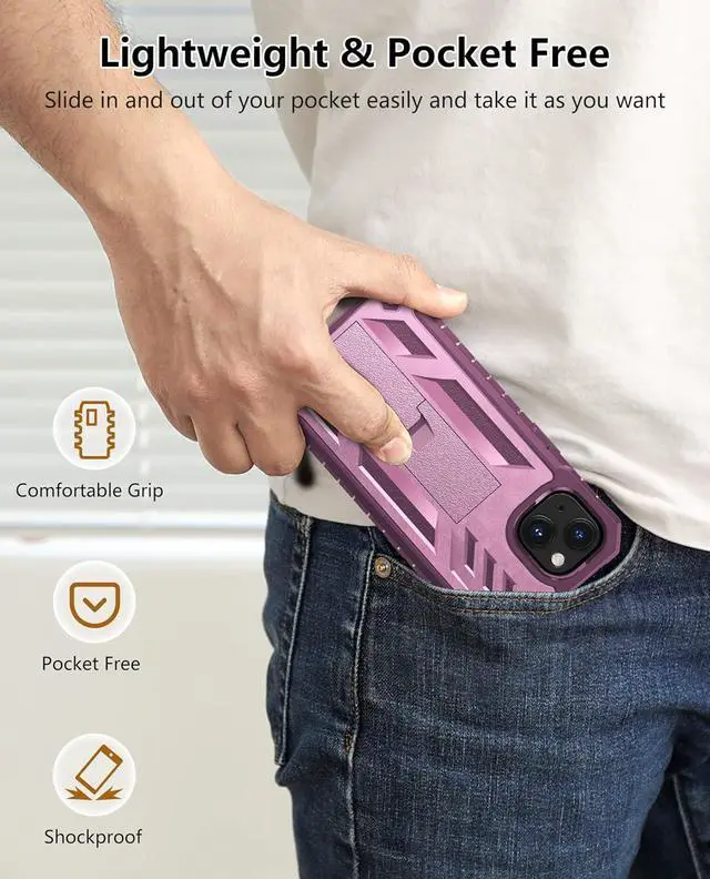 Alt view image 7 of 7 - for iPhone 13 Case Protective Cover: iPhone 14 case Heavy Duty Military Grade Hard Protection Shock Proof Grip | Durable Dual-layer Design iPhone 13-14 Phone Case with Built-in Kickstand(Pink Rose)