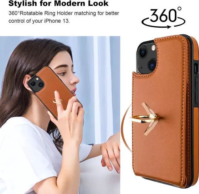 Alt view image 3 of 7 - Folosu Compatible with iPhone 13 Case Wallet with Card Holder, 360°Rotation Finger Ring Holder Kickstand Protective RFID Blocking PU Leather Double Buttons Flip Shockproof Cover 6.1 Inch Brown