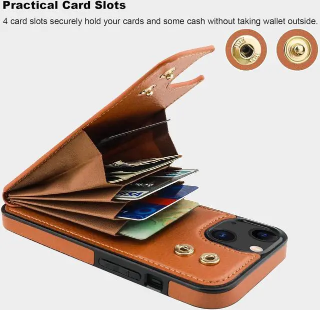 Alt view image 4 of 7 - Folosu Compatible with iPhone 13 Case Wallet with Card Holder, 360°Rotation Finger Ring Holder Kickstand Protective RFID Blocking PU Leather Double Buttons Flip Shockproof Cover 6.1 Inch Brown