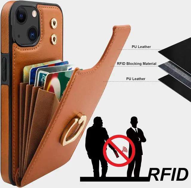 Alt view image 5 of 7 - Folosu Compatible with iPhone 13 Case Wallet with Card Holder, 360°Rotation Finger Ring Holder Kickstand Protective RFID Blocking PU Leather Double Buttons Flip Shockproof Cover 6.1 Inch Brown
