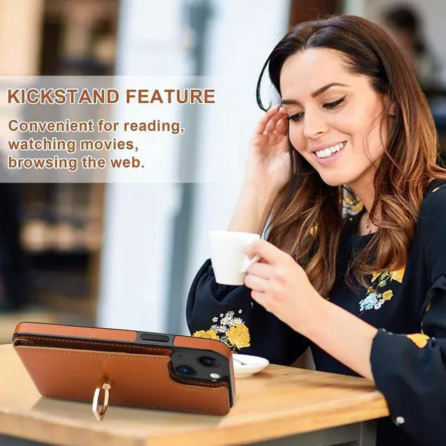 Alt view image 6 of 7 - Folosu Compatible with iPhone 13 Case Wallet with Card Holder, 360°Rotation Finger Ring Holder Kickstand Protective RFID Blocking PU Leather Double Buttons Flip Shockproof Cover 6.1 Inch Brown