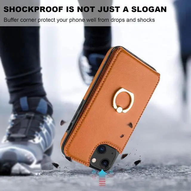 Alt view image 7 of 7 - Folosu Compatible with iPhone 13 Case Wallet with Card Holder, 360°Rotation Finger Ring Holder Kickstand Protective RFID Blocking PU Leather Double Buttons Flip Shockproof Cover 6.1 Inch Brown