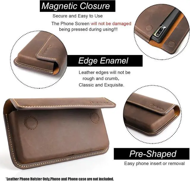 Alt view image 3 of 6 - X-Large Leather Phone Holster for iPhone 14 Pro Max, Horizontal Cell Phone Case for Galaxy S23 Ultra S23 Plus, Phone Belt Holder with Belt Clip for Phone with Protective Case