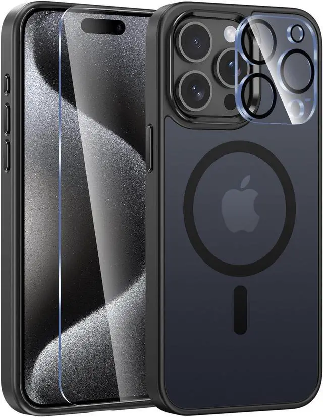 Main image of for iPhone 15 Pro-Max Case: Strong Magnetic Phone Case with Screen Protector | Camera Protector Translucent Matte Slim Shockproof Military-Grade Drop Protection Phone Cover (Black)